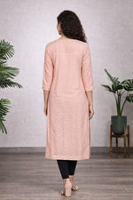 SN196 women’s blush pink chikankari cotton kurti back pose with three-quarter sleeves