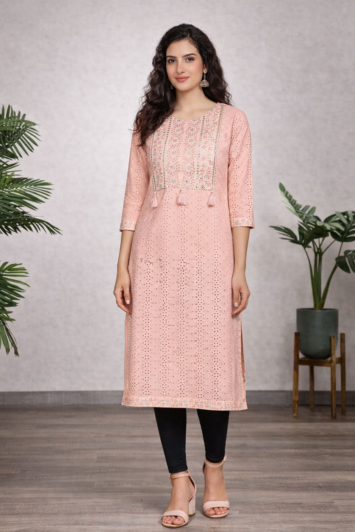 SN196 women’s blush pink chikankari cotton kurti with three-quarter sleeves front pose