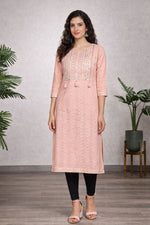 SN196 women’s blush pink chikankari cotton kurti with three-quarter sleeves front pose