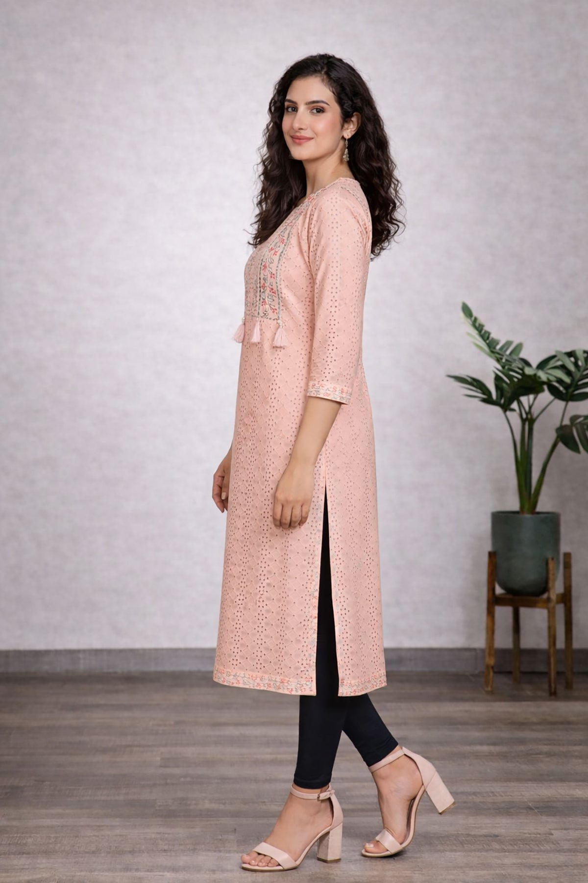 SN196 women’s blush pink chikankari cotton kurti side pose with straight fit silhouette