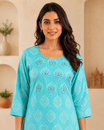 SN198 women’s aqua cotton kurti closeup of neckline embroidery and three-quarter sleeves