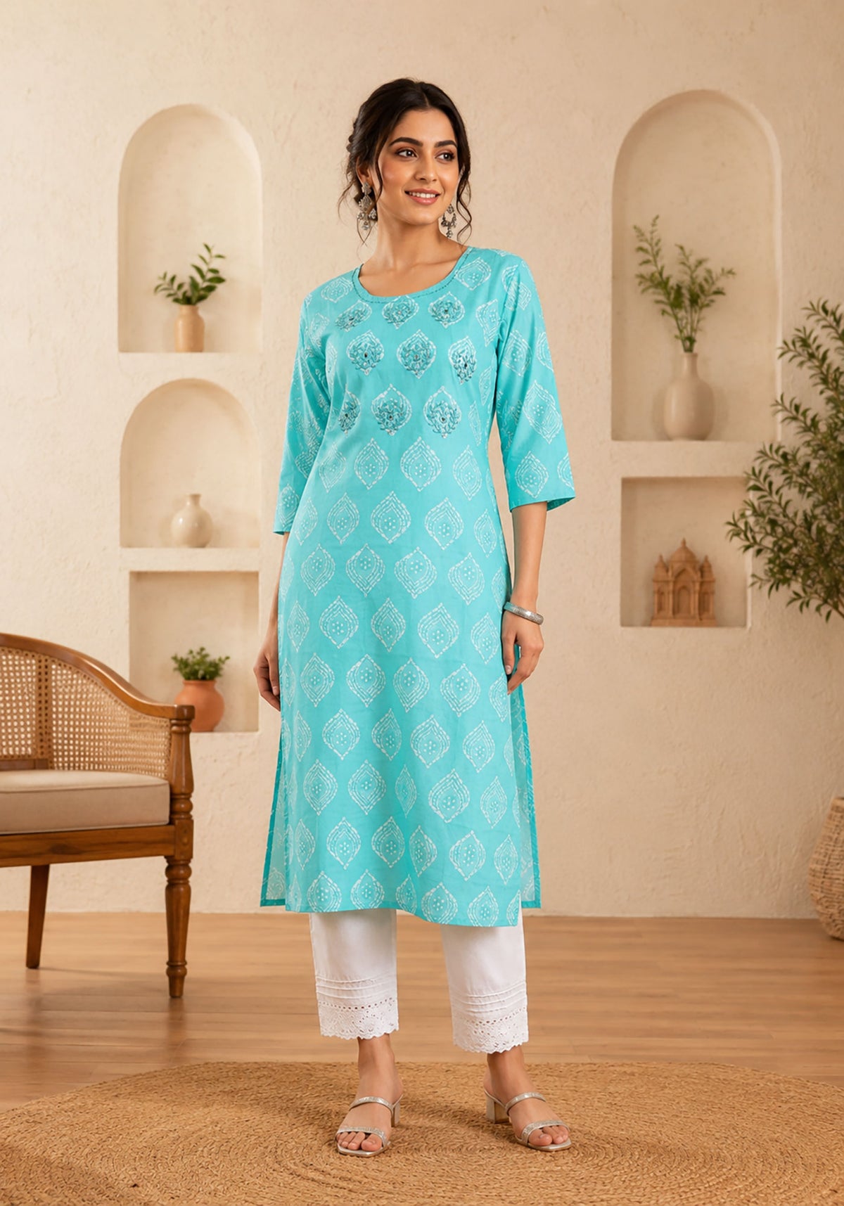 SN198 women’s aqua cotton kurti with three-quarter sleeves and scoop neck front pose view