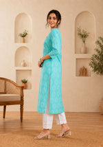 SN198 women’s aqua cotton kurti side pose showing straight silhouette and three-quarter sleeves