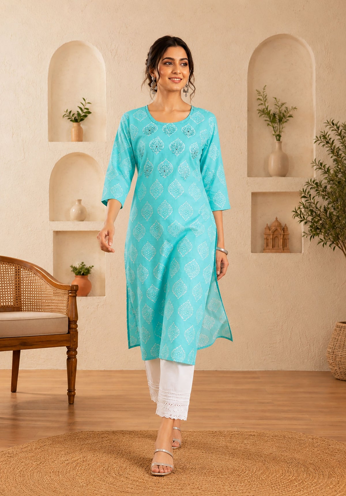 SN198 women’s aqua cotton kurti walking pose highlighting natural drape and straight fit