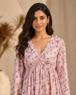 SN20 women’s pink floral long sleeve V-neck mini dress closeup pose