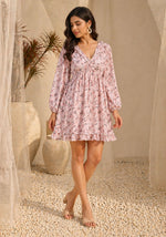 SN20 women’s pink floral long sleeve V-neck mini dress front pose