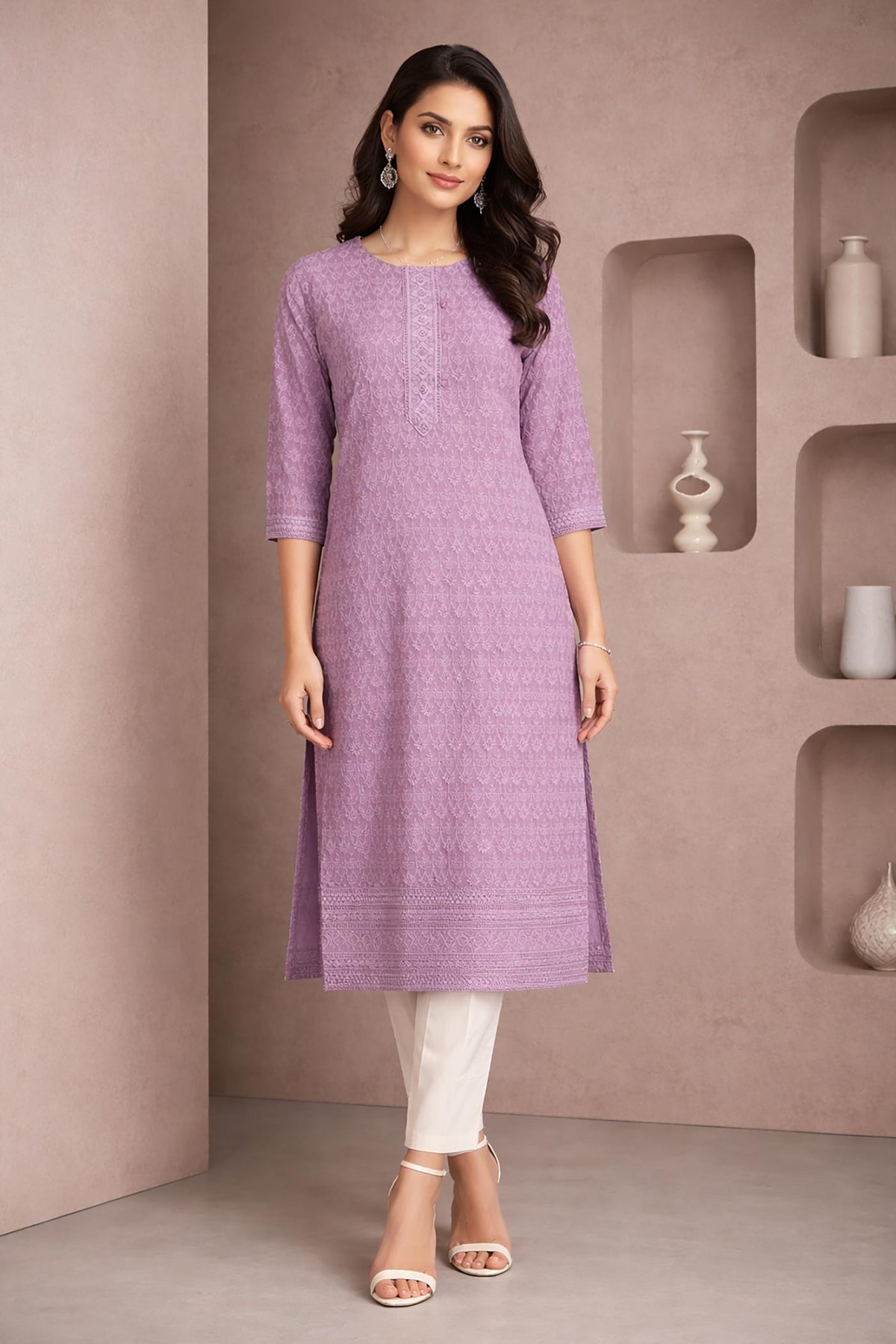 SN201 women’s lavender embroidered cotton kurti with round neck and three-quarter sleeves, front pose styled with ivory pants
