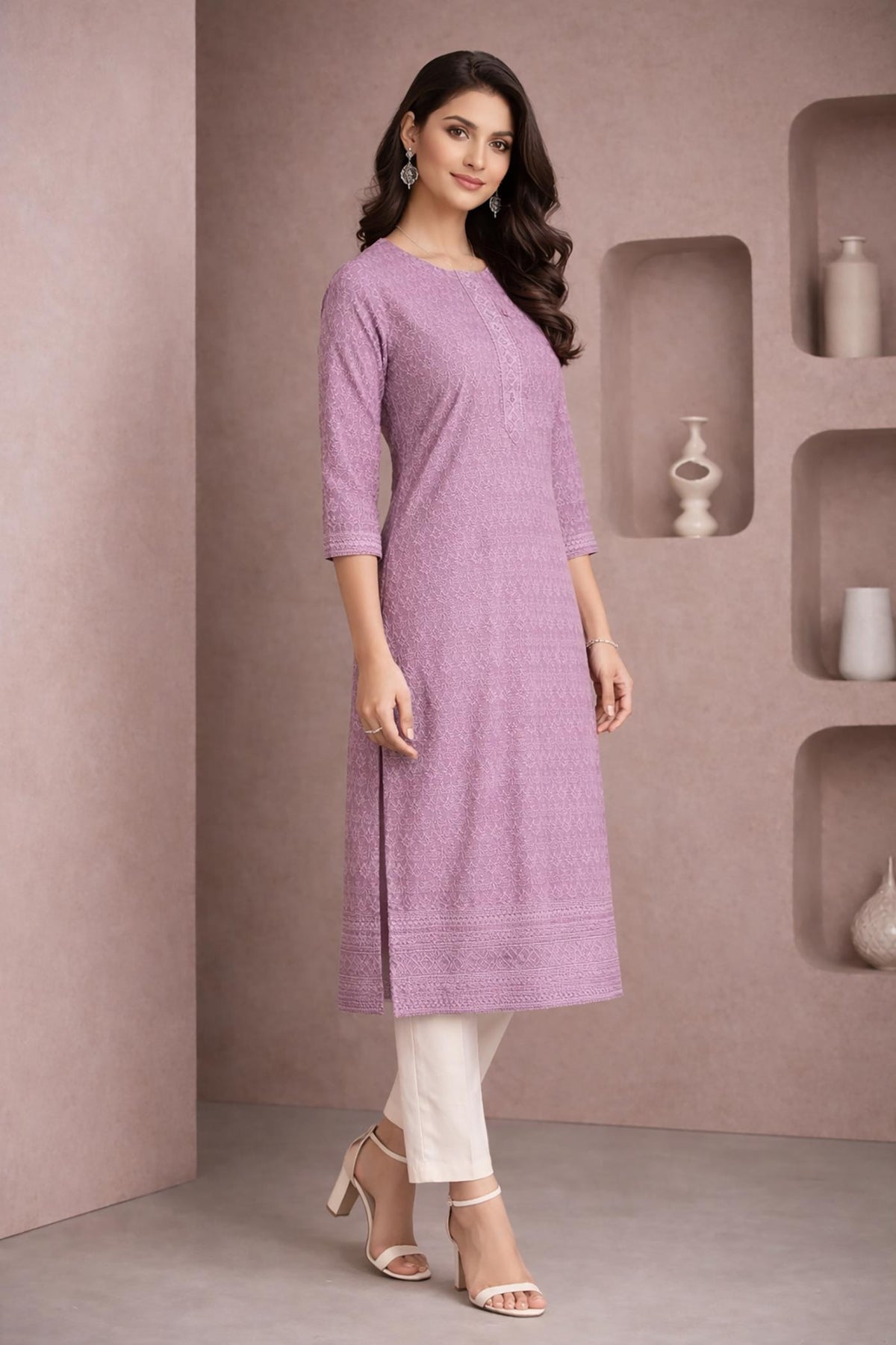 SN201 women’s lavender embroidered cotton kurti with straight fit and side slit, side pose paired with ivory pants