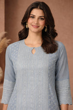 SN202 women’s dusty blue embroidered cotton kurti closeup showing keyhole neckline and sleeve detailing