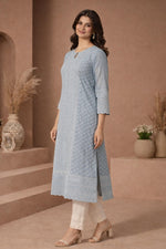 SN202 women’s dusty blue Chikankari cotton kurti side pose with straight fit and side slits