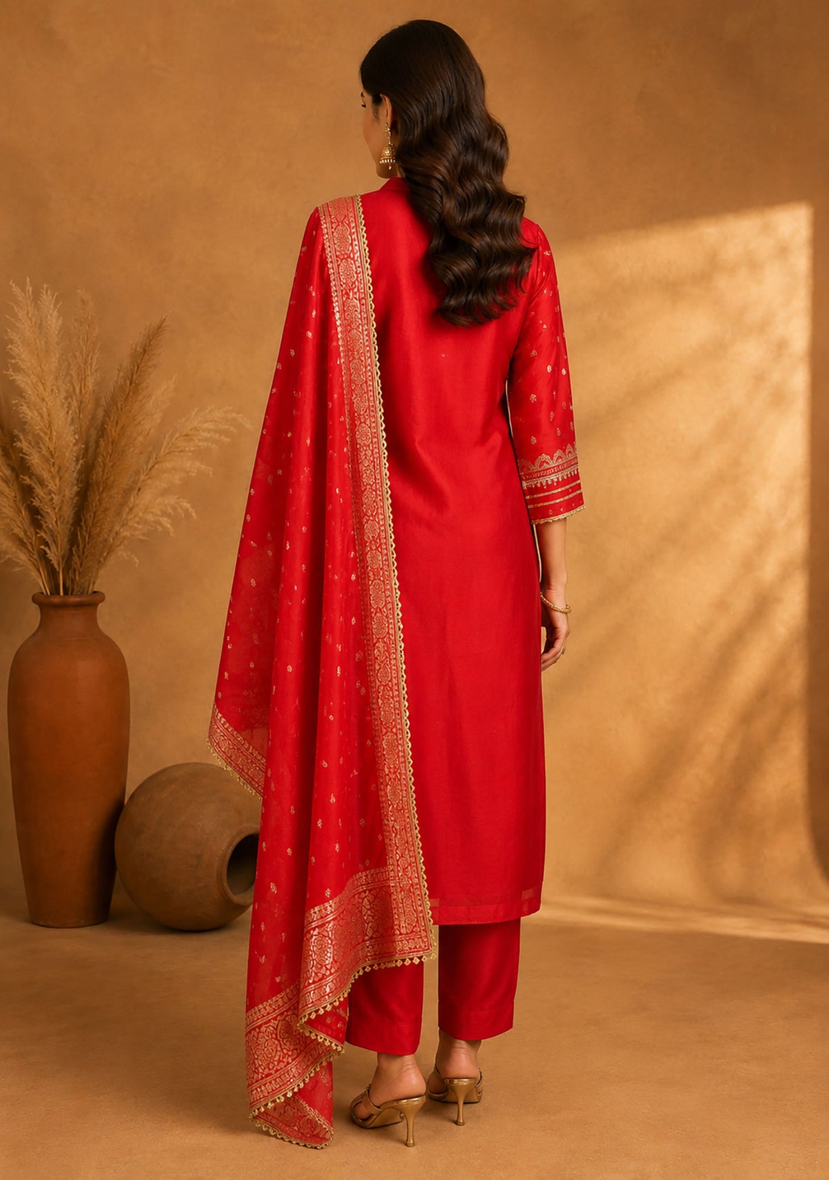 SN207 women’s red silk kurta set with long sleeves and dupatta back pose
