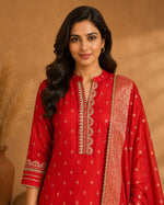 SN207 women’s red silk kurta set closeup of V-neck embroidery and long sleeve detailing