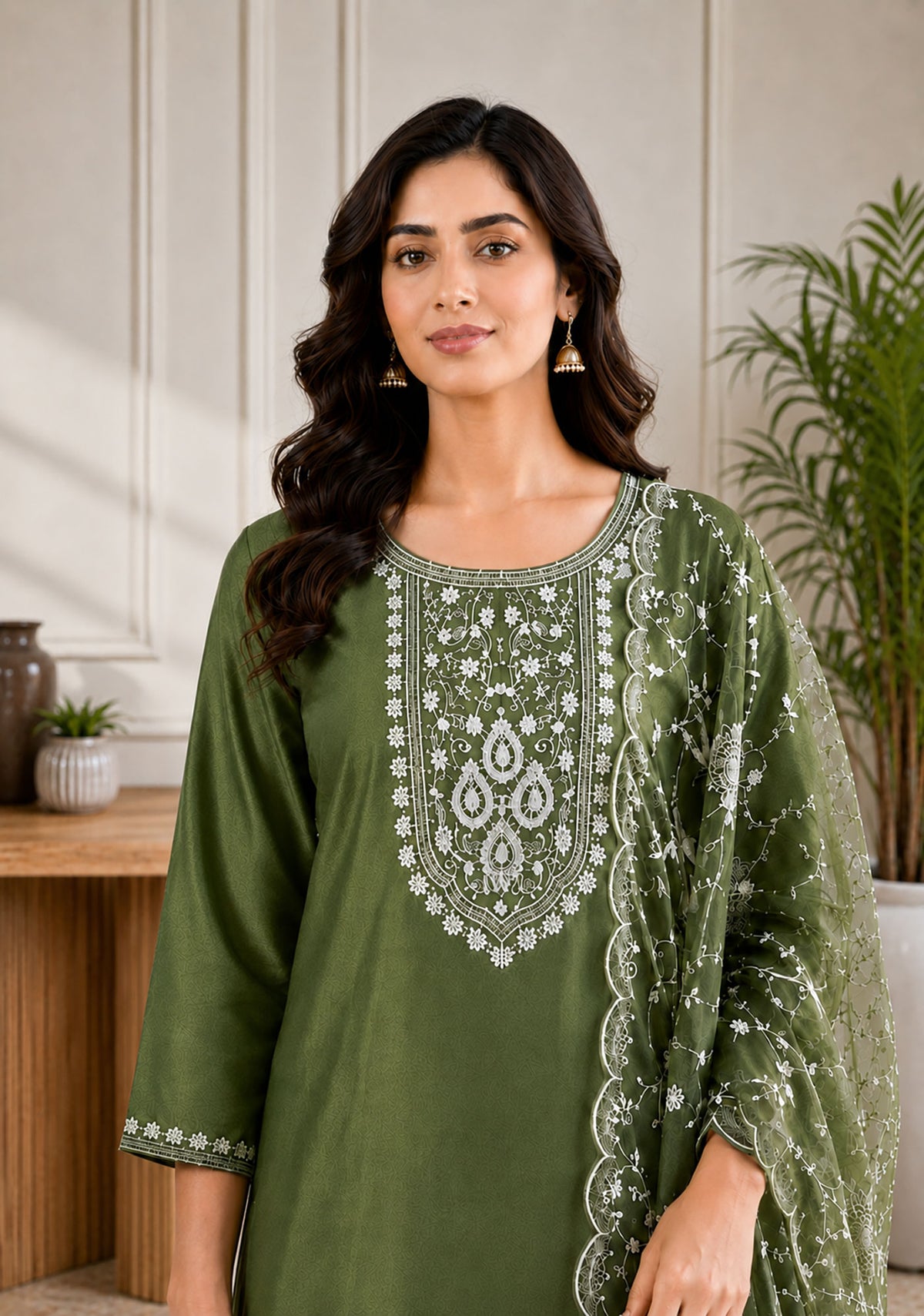SN208 women’s olive green embroidered kurta set, long sleeve detailed neckline closeup