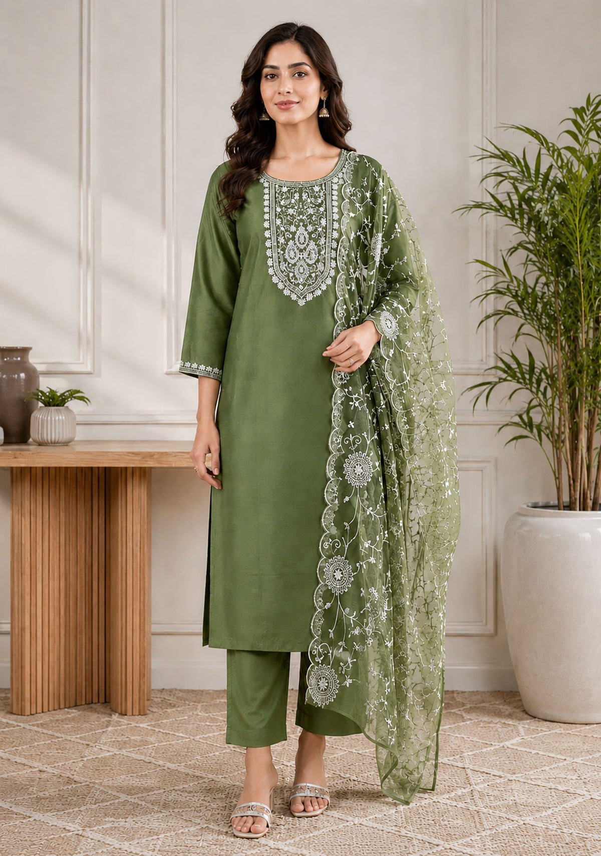 SN208 women’s olive green embroidered kurta set with dupatta, long sleeve straight fit front pose