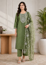 SN208 women’s olive green embroidered kurta set with dupatta, long sleeve straight fit front pose