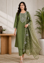 SN208 women’s olive green embroidered kurta set with dupatta, long sleeve walking pose