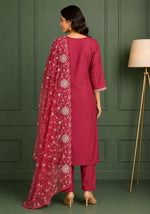 SN209 women’s maroon embroidered kurta set back view with straight fit and three-quarter sleeves