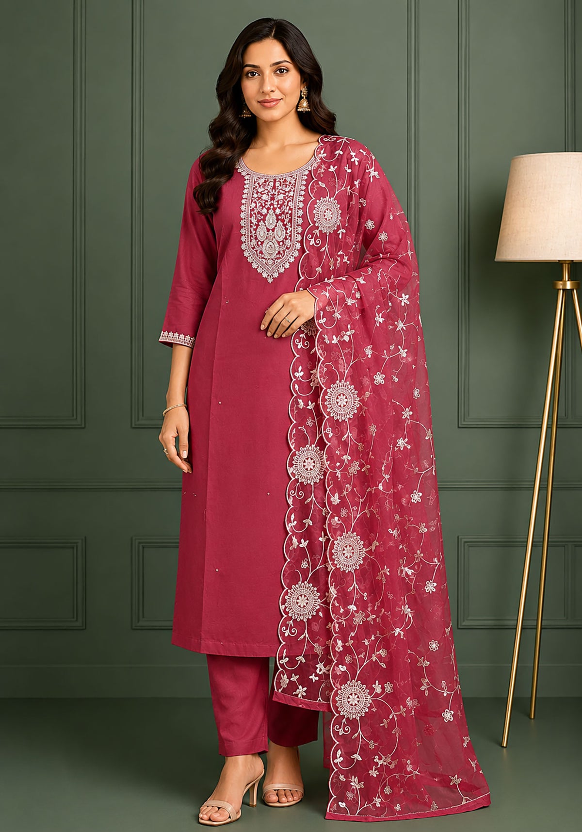 SN209 women’s maroon embroidered kurta set with three-quarter sleeves and dupatta front view