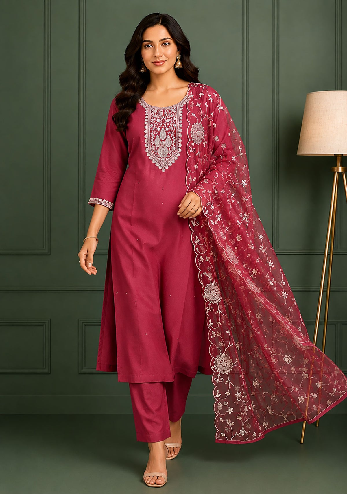 SN209 women’s maroon embroidered kurta set walking pose highlighting natural drape and fit