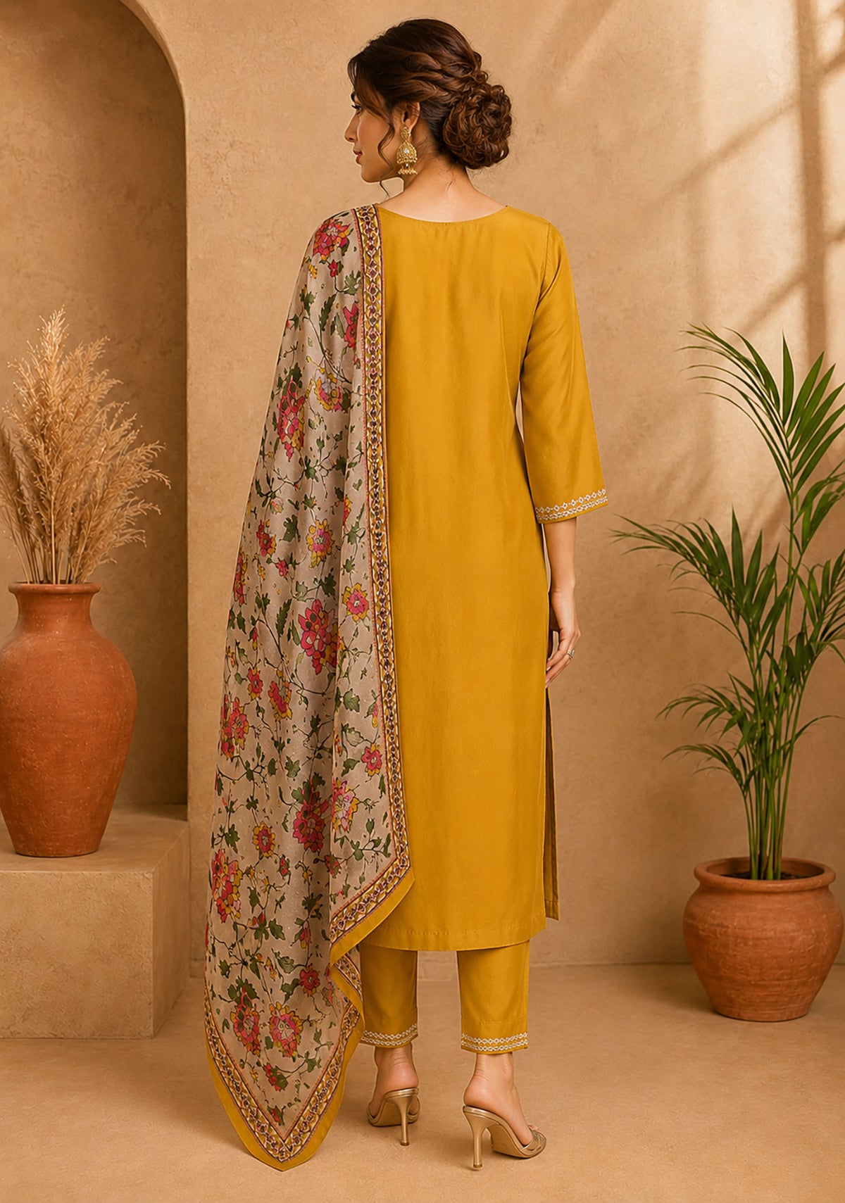 SN210 women’s mustard long sleeve embroidered kurta set back pose studio view