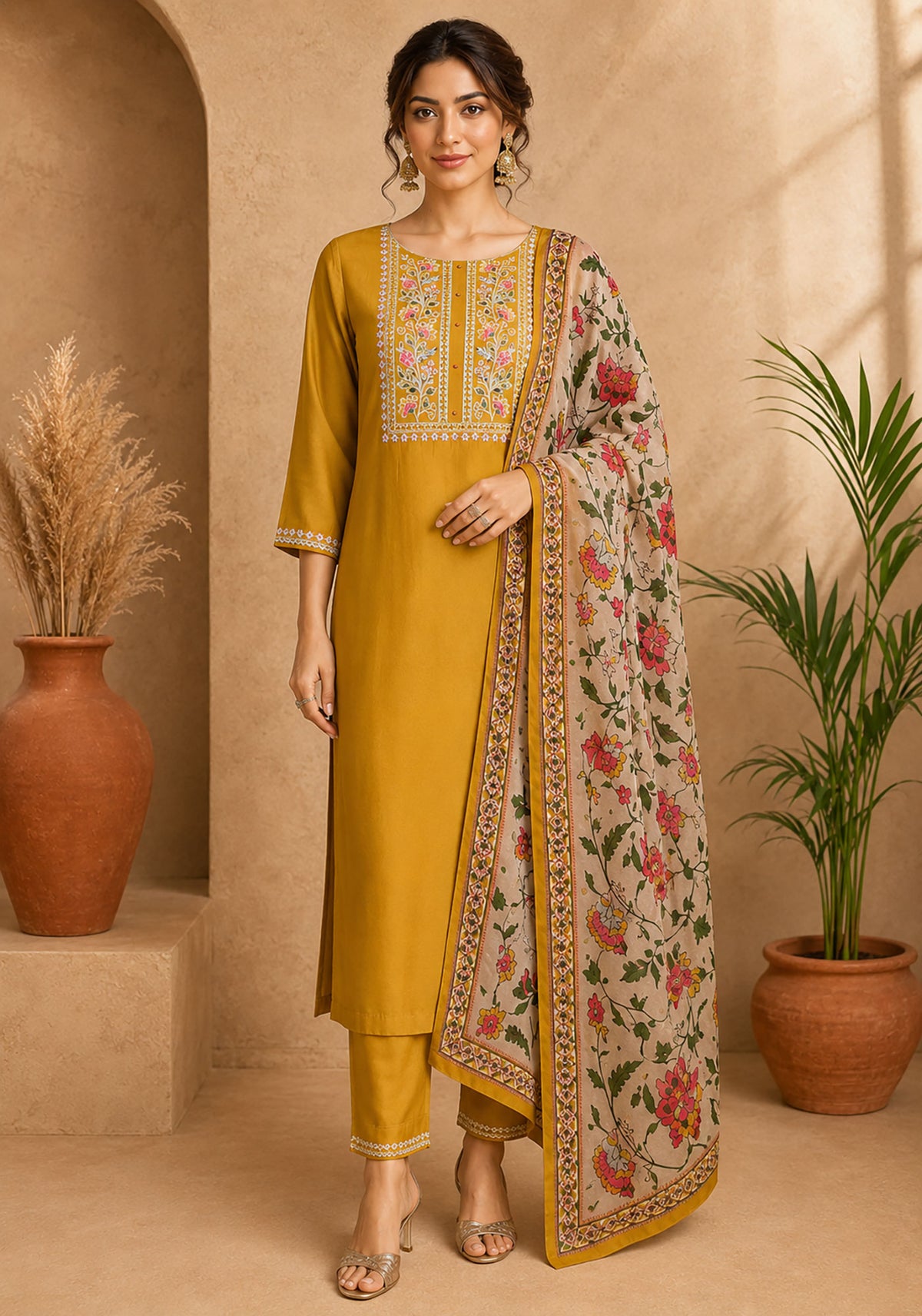 SN210 women’s mustard embroidered kurta set with floral dupatta front pose studio portrait