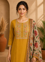 SN210 women’s mustard long sleeve embroidered kurta closeup with floral thread detailing