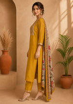 SN210 women’s mustard embroidered kurta set three-quarter side pose with printed dupatta