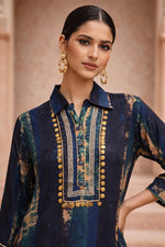 SN211 women’s indigo viscose kurta set closeup showing shirt collar, embellished placket and textured patina print