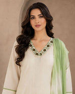 SN212 women’s ivory sage V-neck embroidered kurta set closeup pose