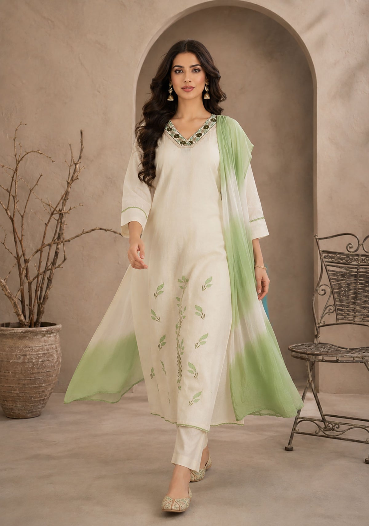 SN212 women’s ivory sage V-neck kurta set walking pose with natural movement