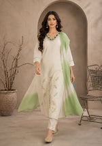 SN212 women’s ivory sage V-neck kurta set walking pose with natural movement