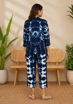 SN22 women’s indigo shibori co-ord set back pose showing rear pattern and relaxed silhouette