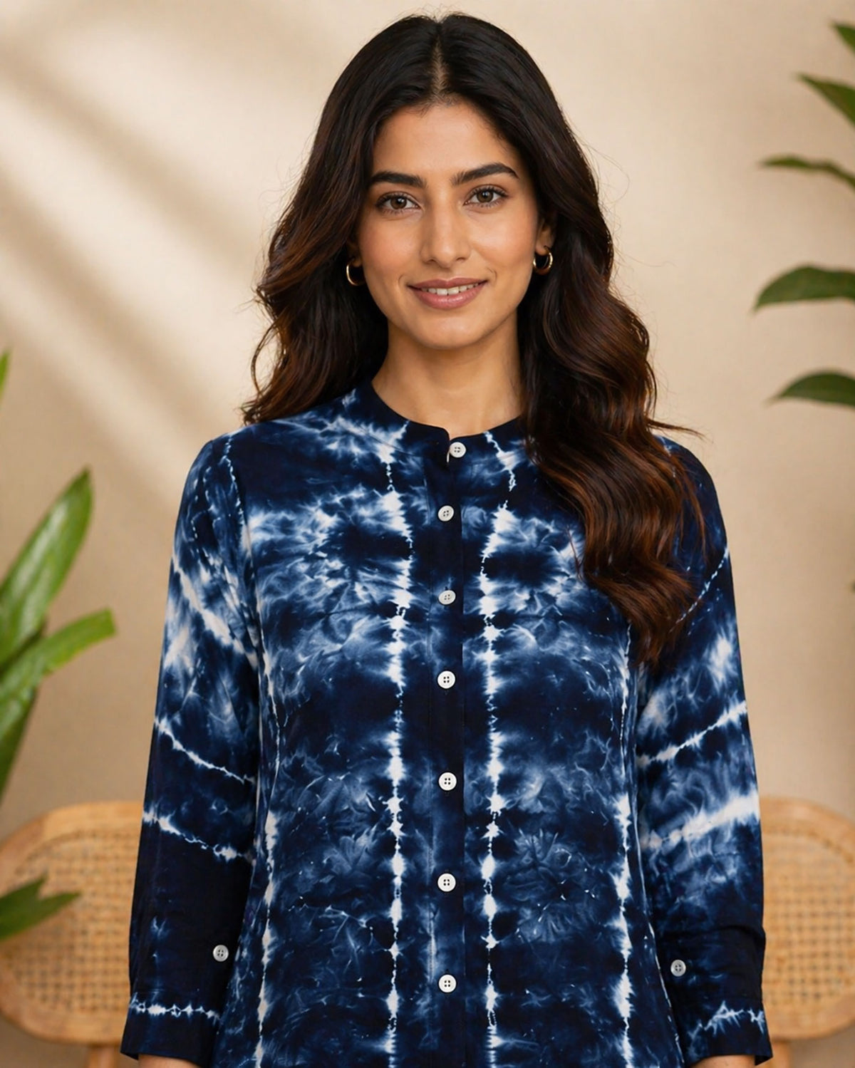 SN22 women’s indigo shibori co-ord set closeup showing long sleeves and button placket detail