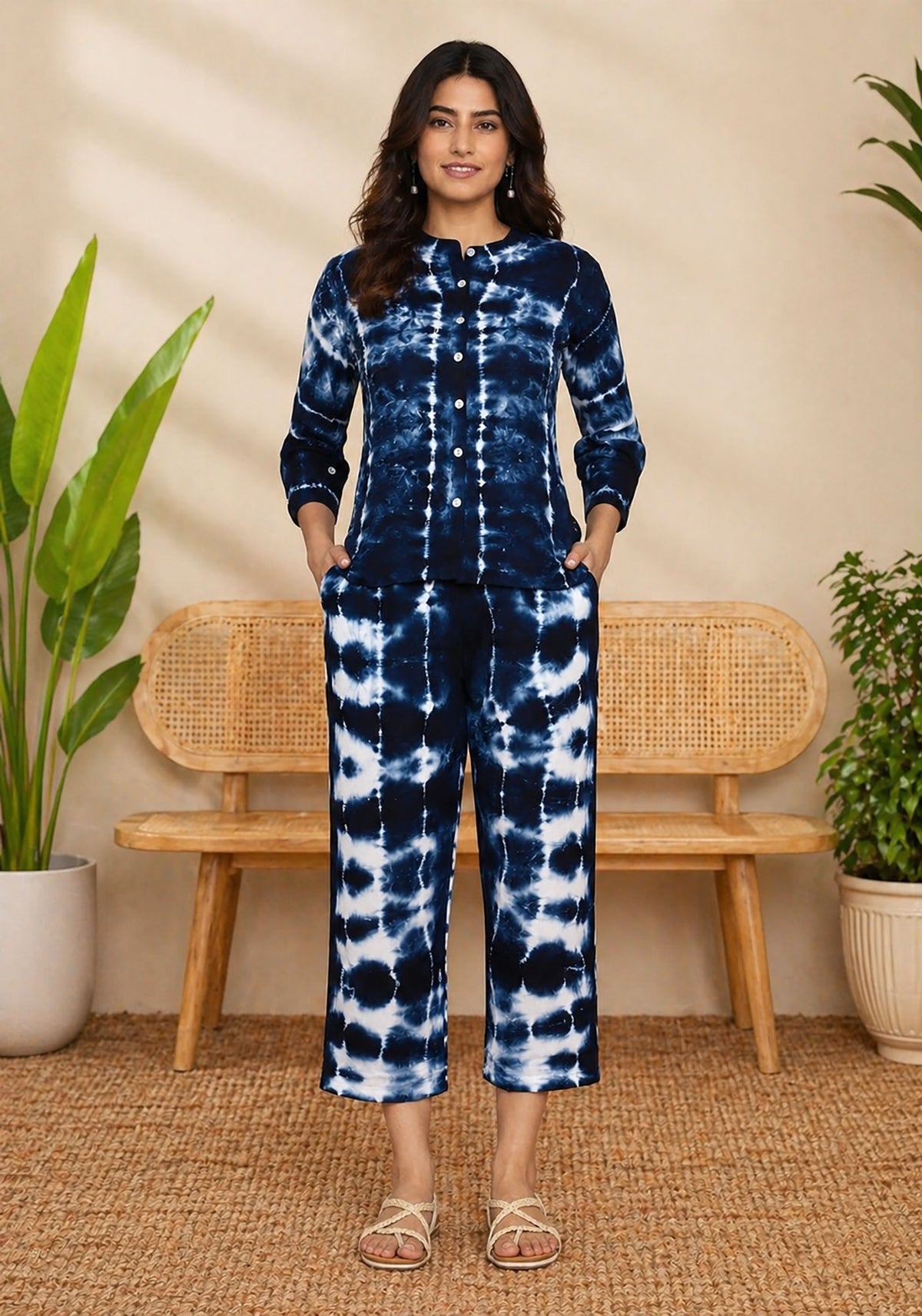SN22 women’s indigo shibori co-ord set front pose with long sleeves and mandarin collar