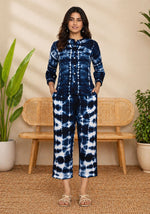 SN22 women’s indigo shibori co-ord set front pose with long sleeves and mandarin collar