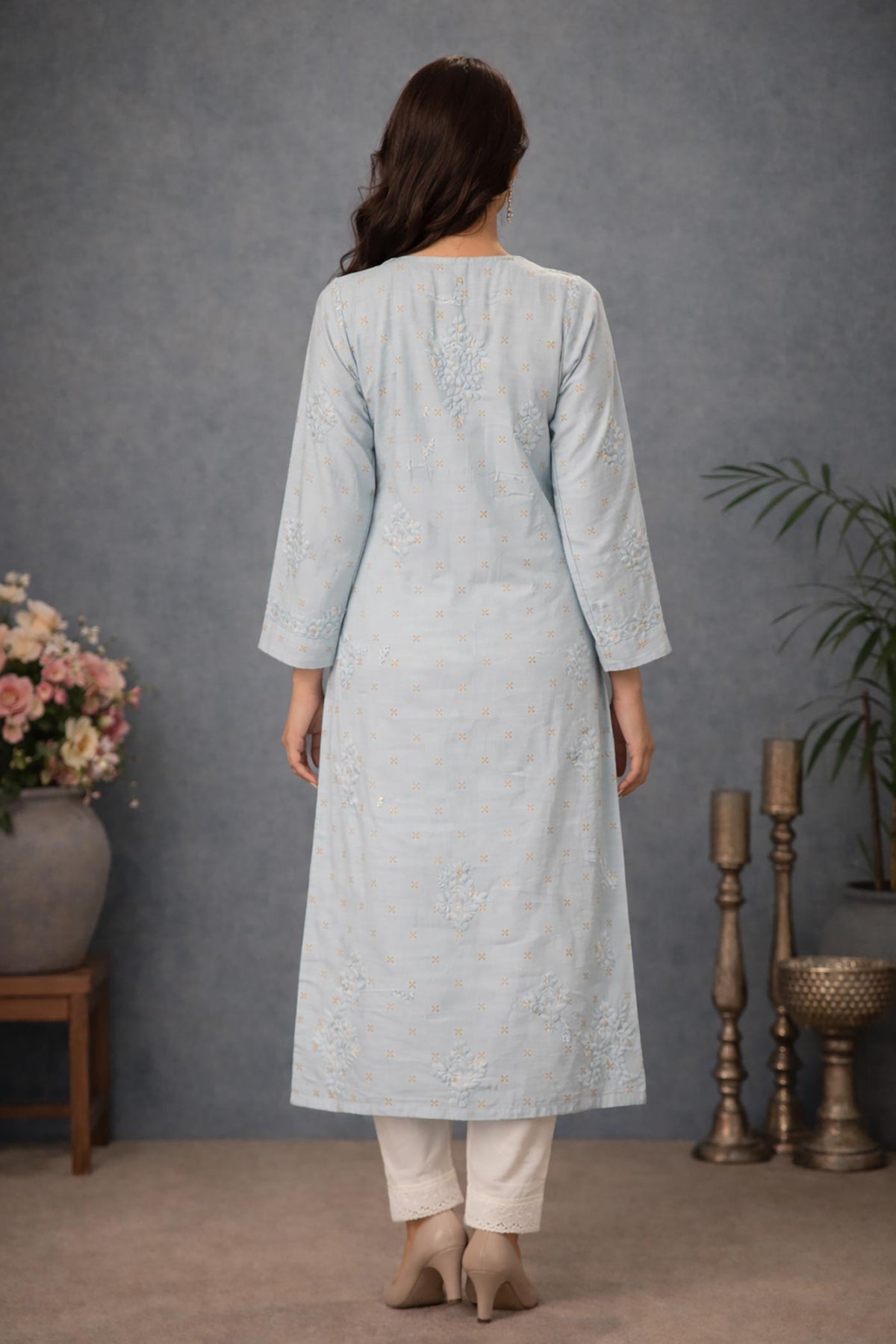 SN229 women’s powder blue cotton silk kurti back view with straight cut and long sleeves