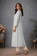SN229 women’s powder blue cotton silk kurti side view with straight fit and long sleeves
