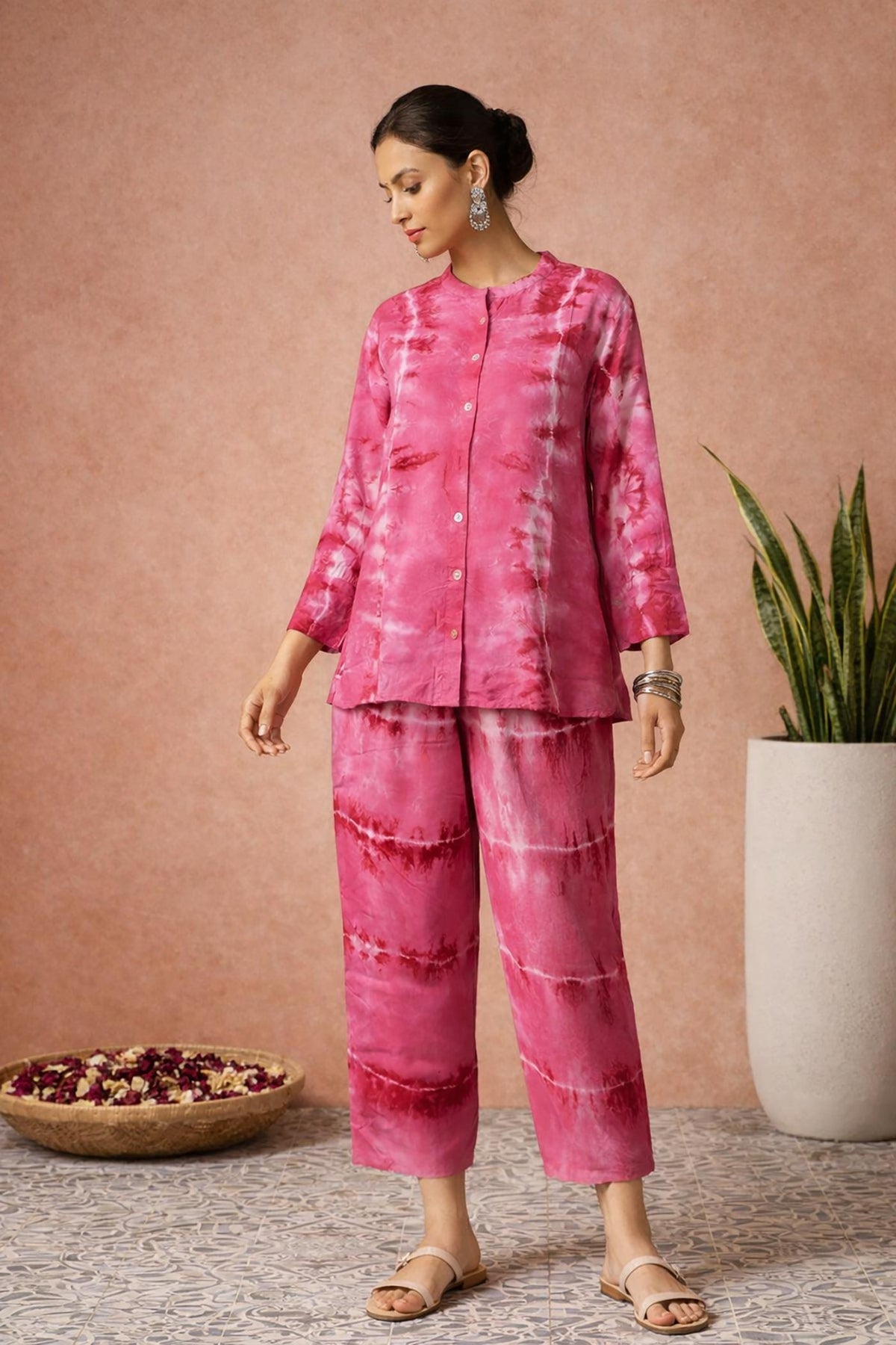 SN23 women’s rose pink tie-dye cotton co-ord set with long sleeves and relaxed fit, front pose view
