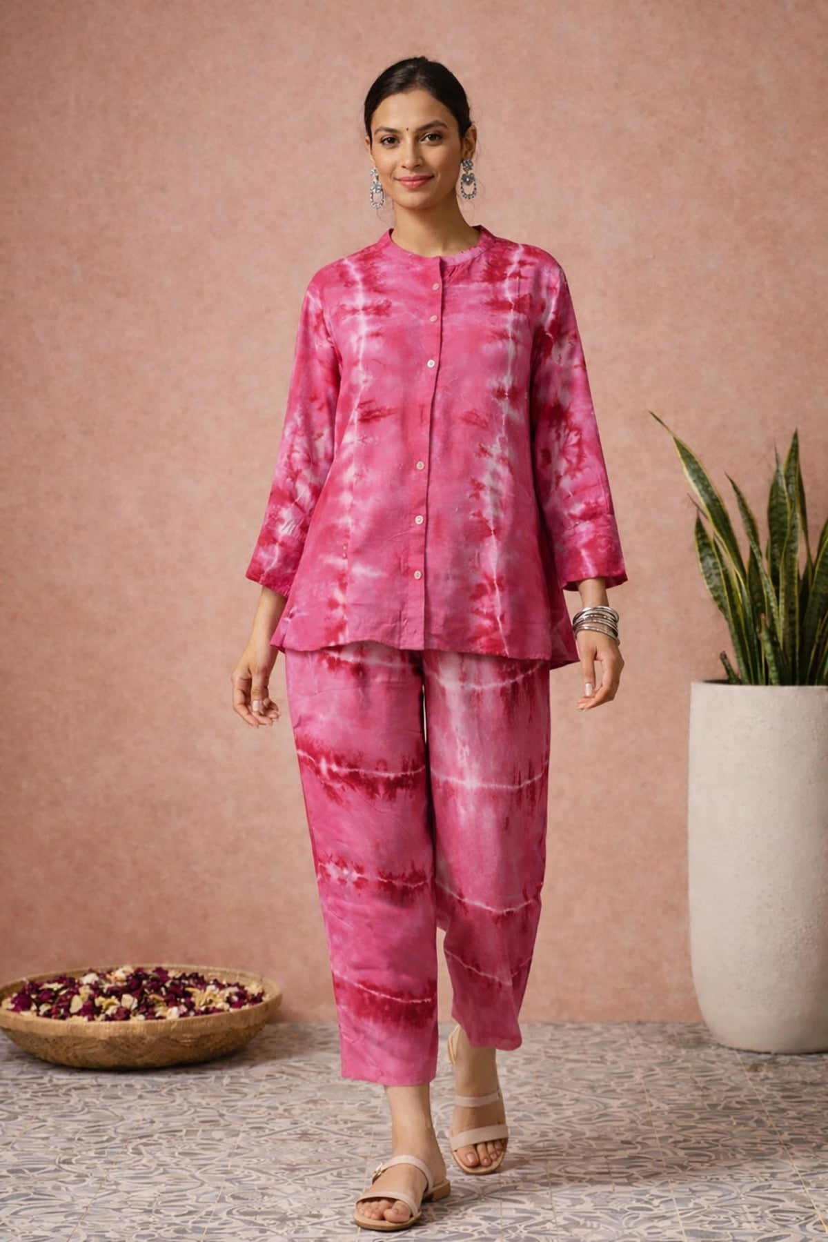 SN23 women’s rose pink tie-dye cotton co-ord set with long sleeves and straight pants, walking pose