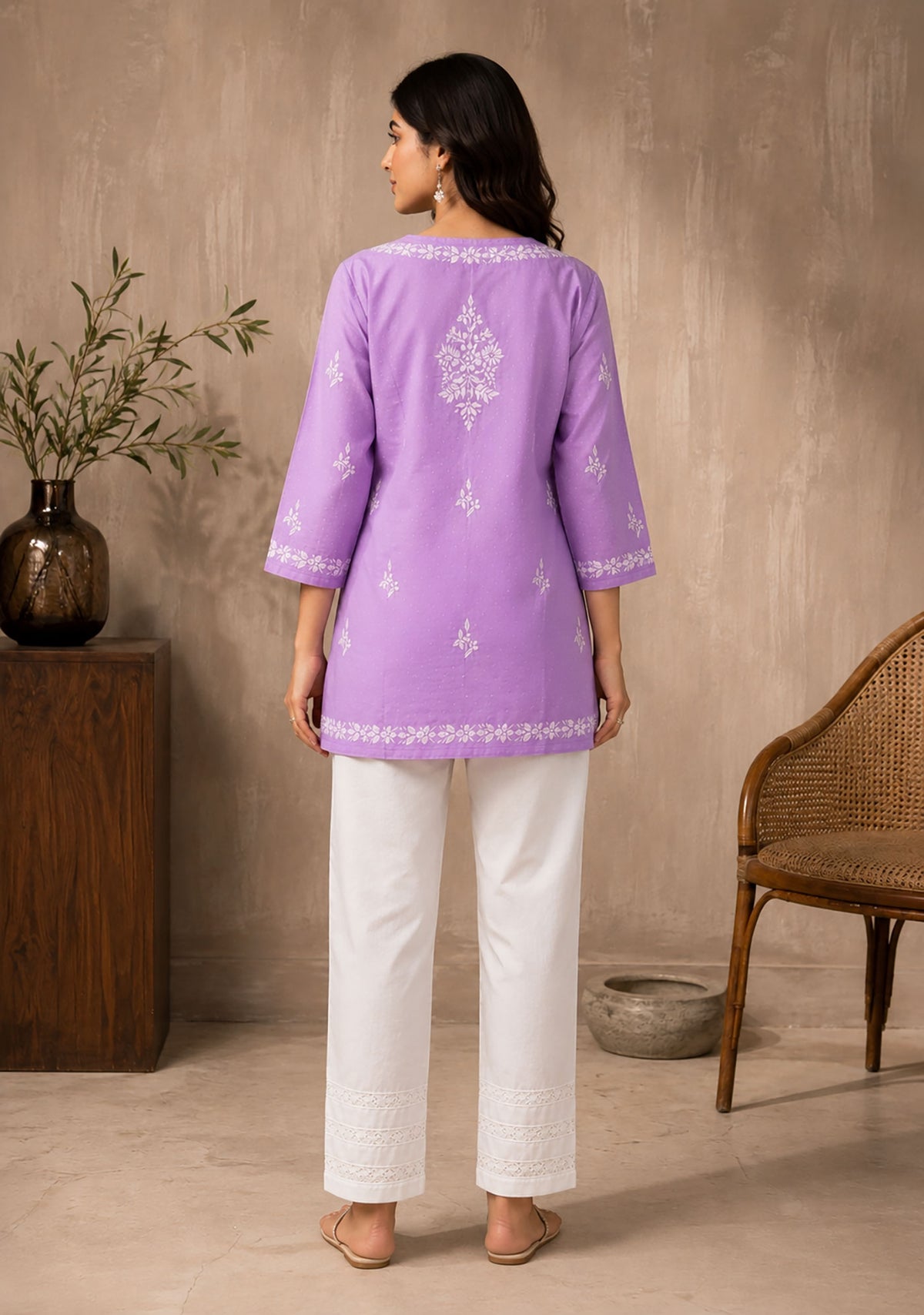 SN231 women’s lavender embroidered short kurti back pose with three-quarter sleeves