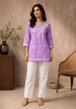 SN231 women’s lavender embroidered short kurti with three-quarter sleeves and V-neck front pose