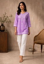 SN231 women’s lavender embroidered short kurti relaxed fit walking pose