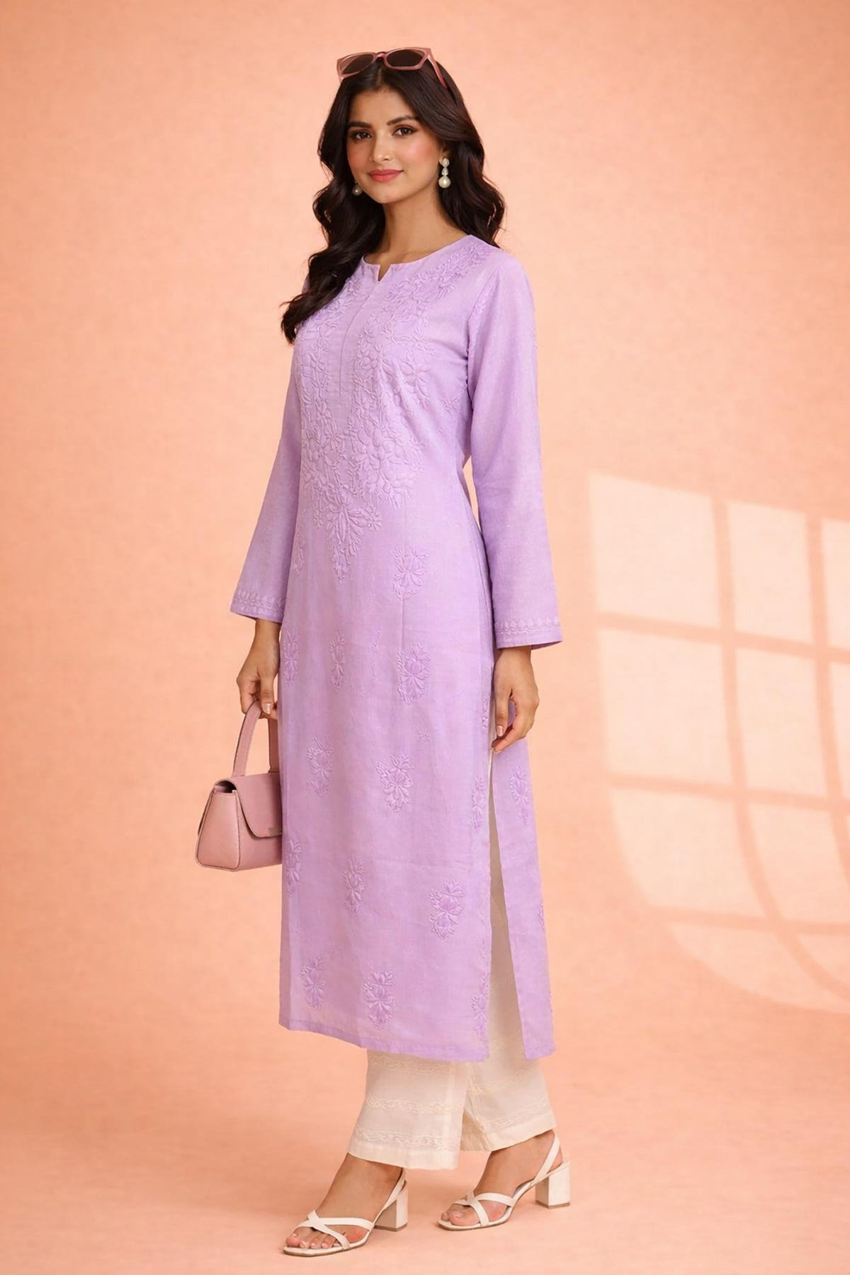 SN232 women’s lavender cotton straight kurta with floral embroidery, long sleeves and side slit, side view