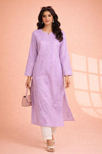 SN232 women’s lavender cotton embroidered straight kurta with long sleeves and round neckline, walking pose