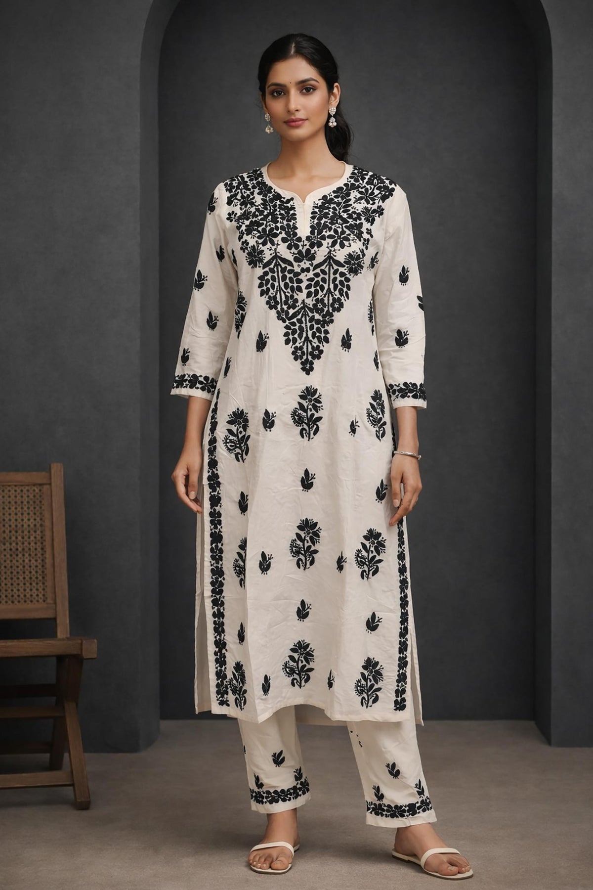 SN234 women’s ivory cotton kurta pant set with black floral embroidery, V-neck and three-quarter sleeves, front view