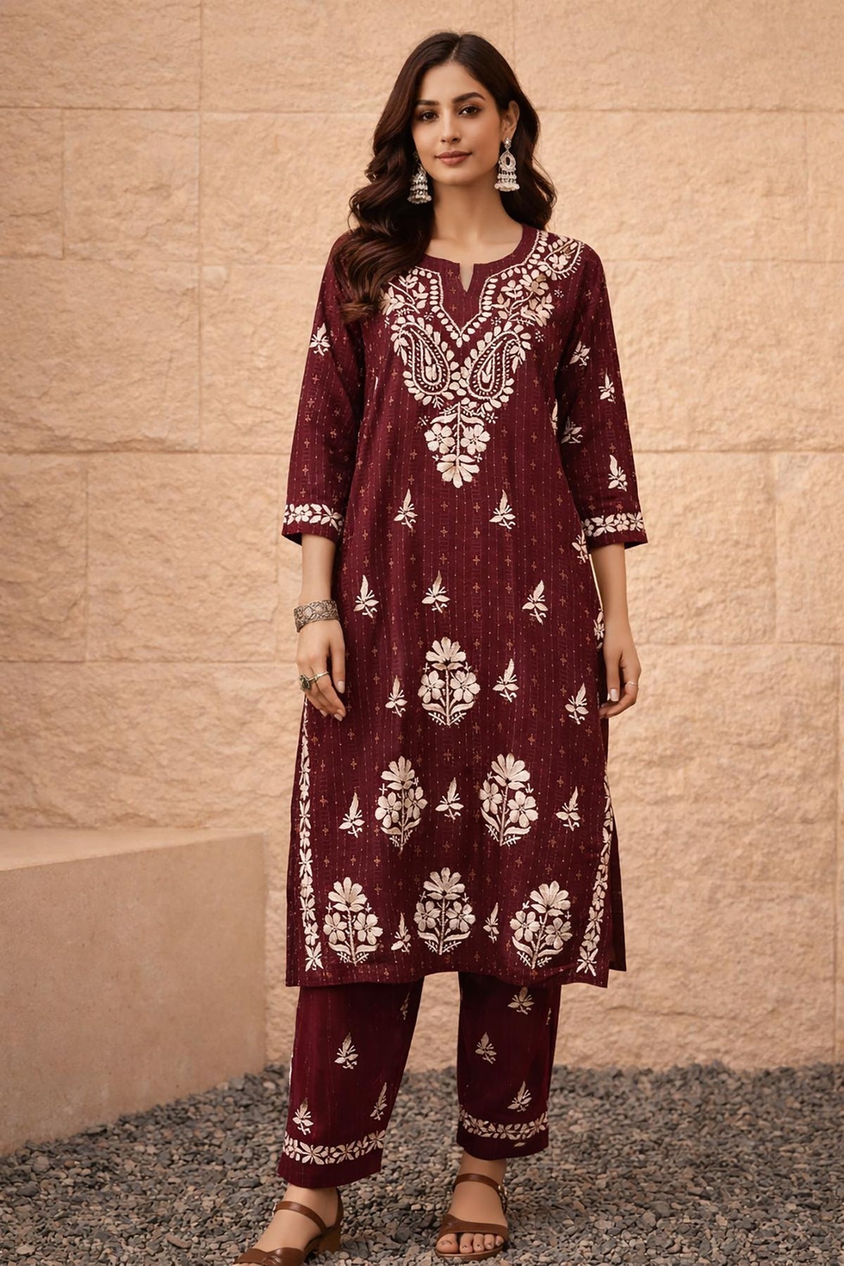 SN235 women’s maroon cotton embroidered kurta pant set front pose with three-quarter sleeves and round slit neckline