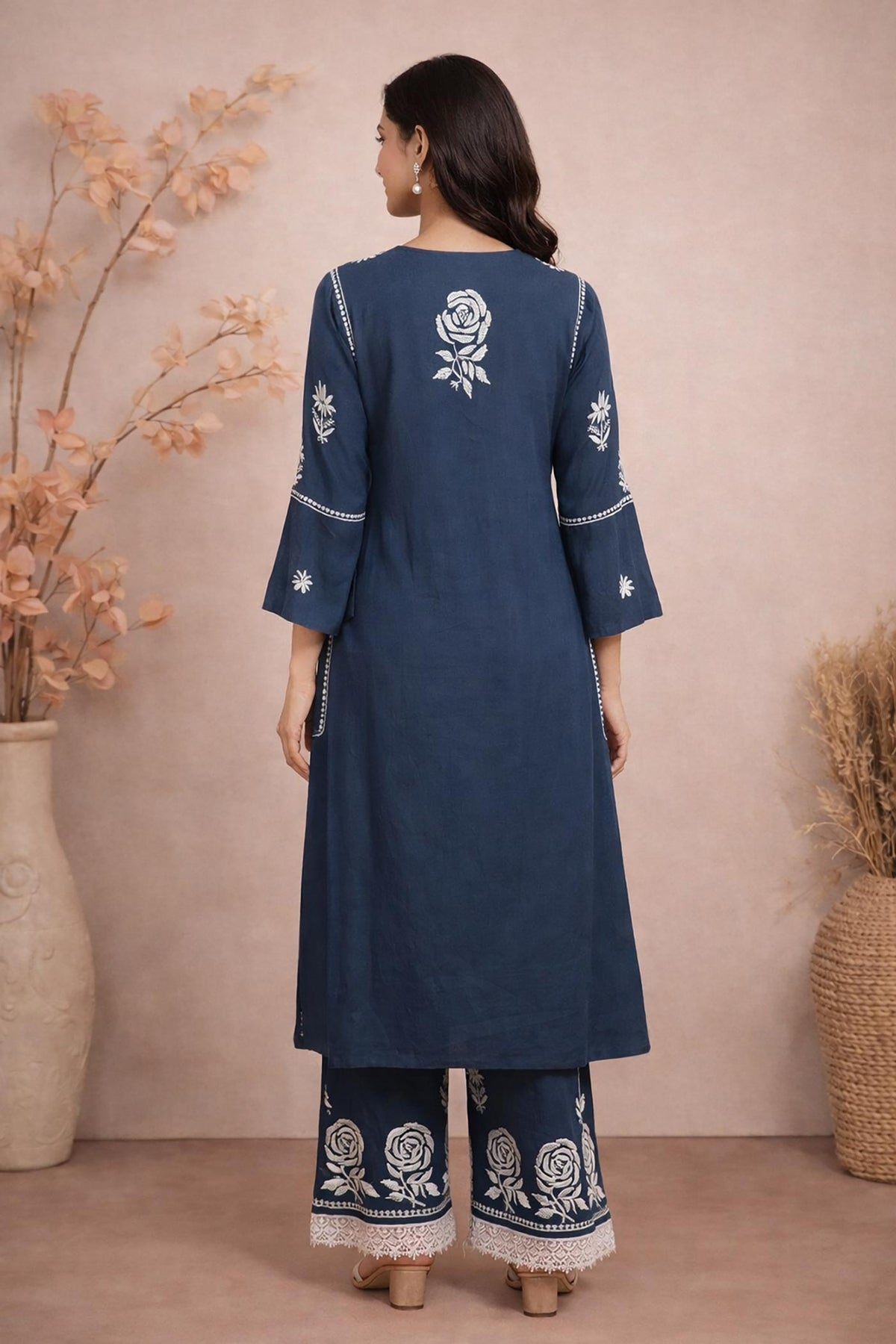 SN237 women’s indigo cotton kurta palazzo set back pose with straight silhouette
