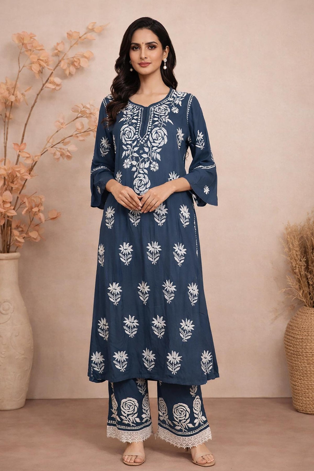 SN237 women’s indigo cotton kurta palazzo set front pose with V-neck and three-quarter sleeves