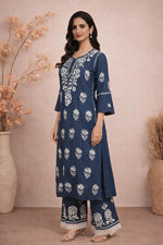 SN237 women’s indigo cotton kurta palazzo set side pose with long sleeves and straight fit