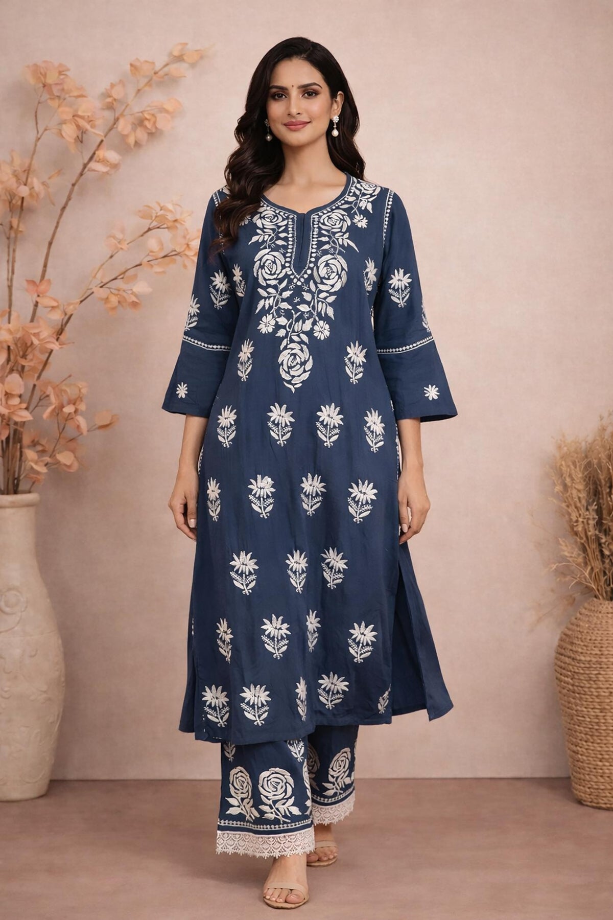 SN237 women’s indigo cotton kurta palazzo set walking pose with V-neck and floral embroidery